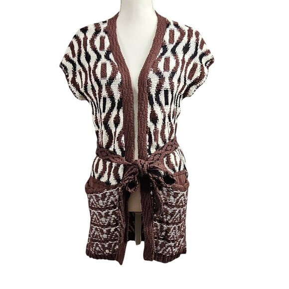 Anthropologie Cardigan Knitted & Knotted Twisted Belted Brown & White Sweater - Picture 1 of 8